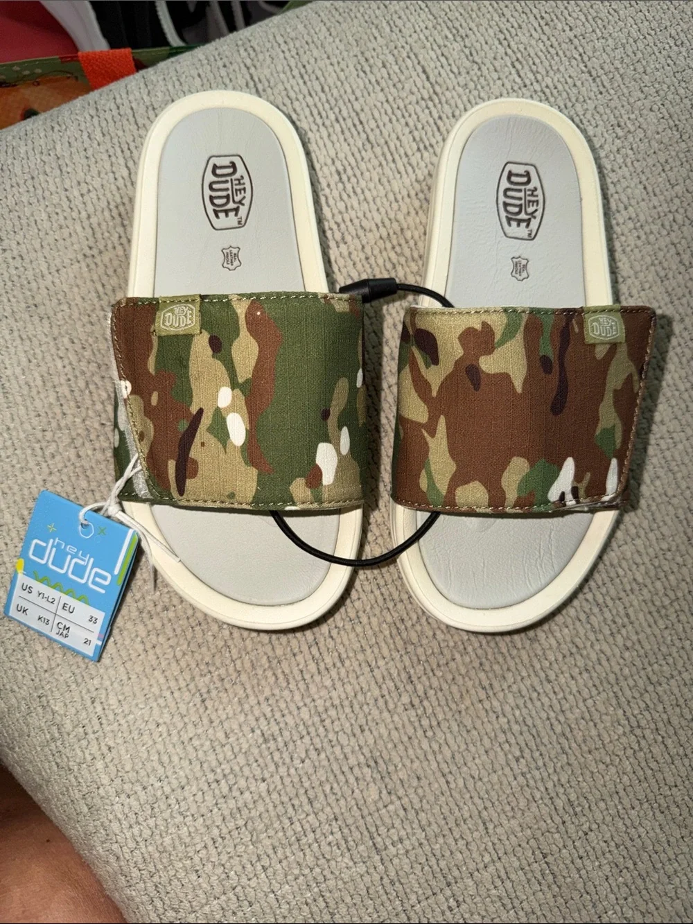 Hey Dude Kids Camouflage Slide Sandals in Green and Brown